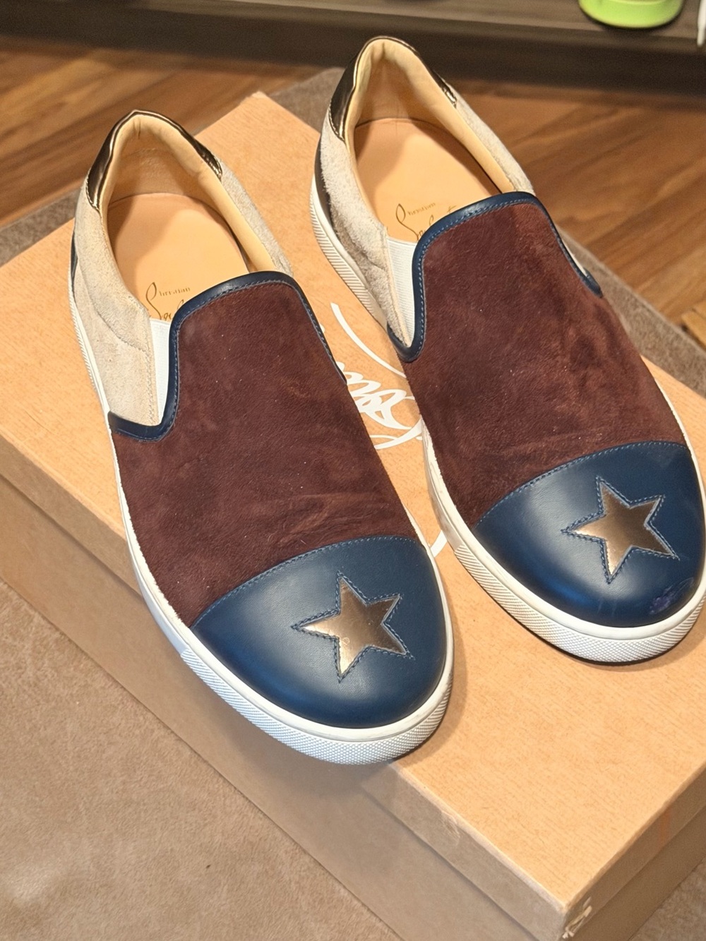 Christian Louboutin Brown Suede & Navy Leather Slip-On Sneakers with Star Accent